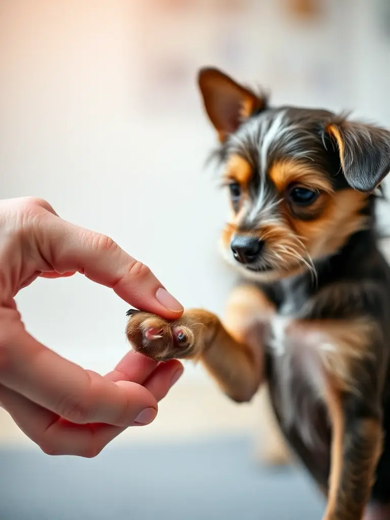 A close-up shot of a dog trainer's hand gently guiding a dog's paw during a rehabilitation exercise, showcasing the care and precision involved.