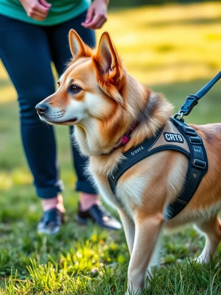 A calm and focused dog wearing a specialized harness during a canine rehabilitation session with a CRT K9 trainer, working on regaining mobility.