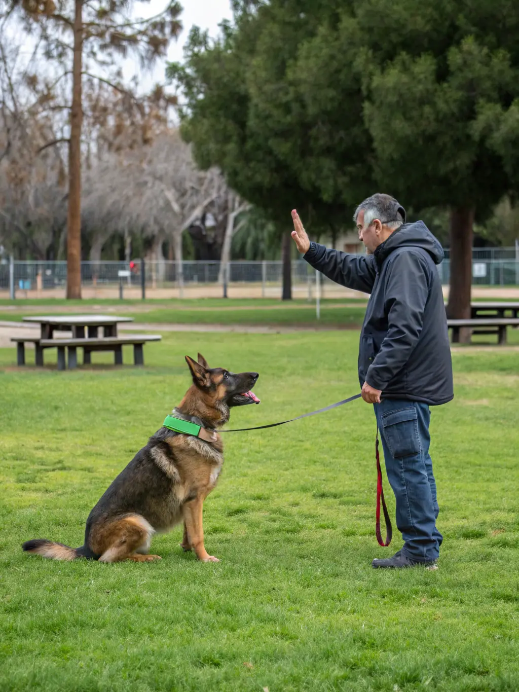 A well-behaved German Shepherd sitting attentively during an obedience training session with a CRT K9 trainer in an outdoor setting.