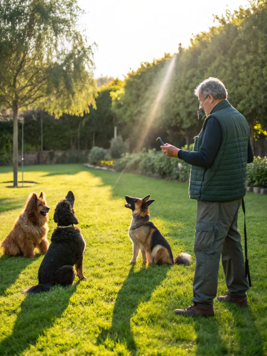 A photograph of a dog trainer working with a German Shepherd in a park, both focused and engaged in a training exercise. The trainer is giving a hand signal.