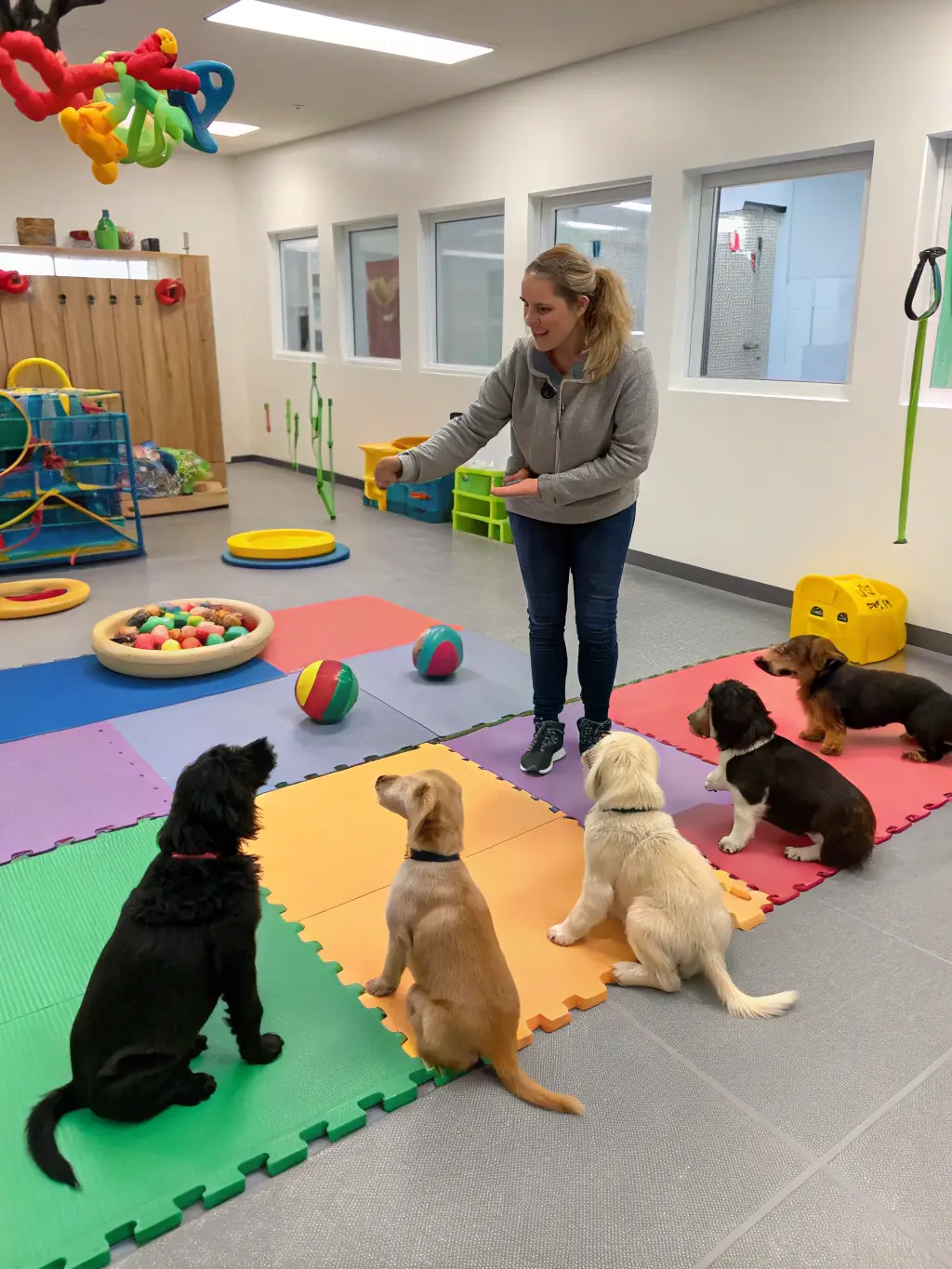 A group of dogs of various breeds sitting calmly in a classroom setting, with their owners standing behind them, all participating in a training session.
